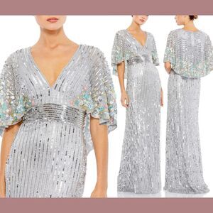 NWT $598 Mac Duggal [‎ 10 ] Sequined Floral Embellished Cape Sleeve Gown #S969